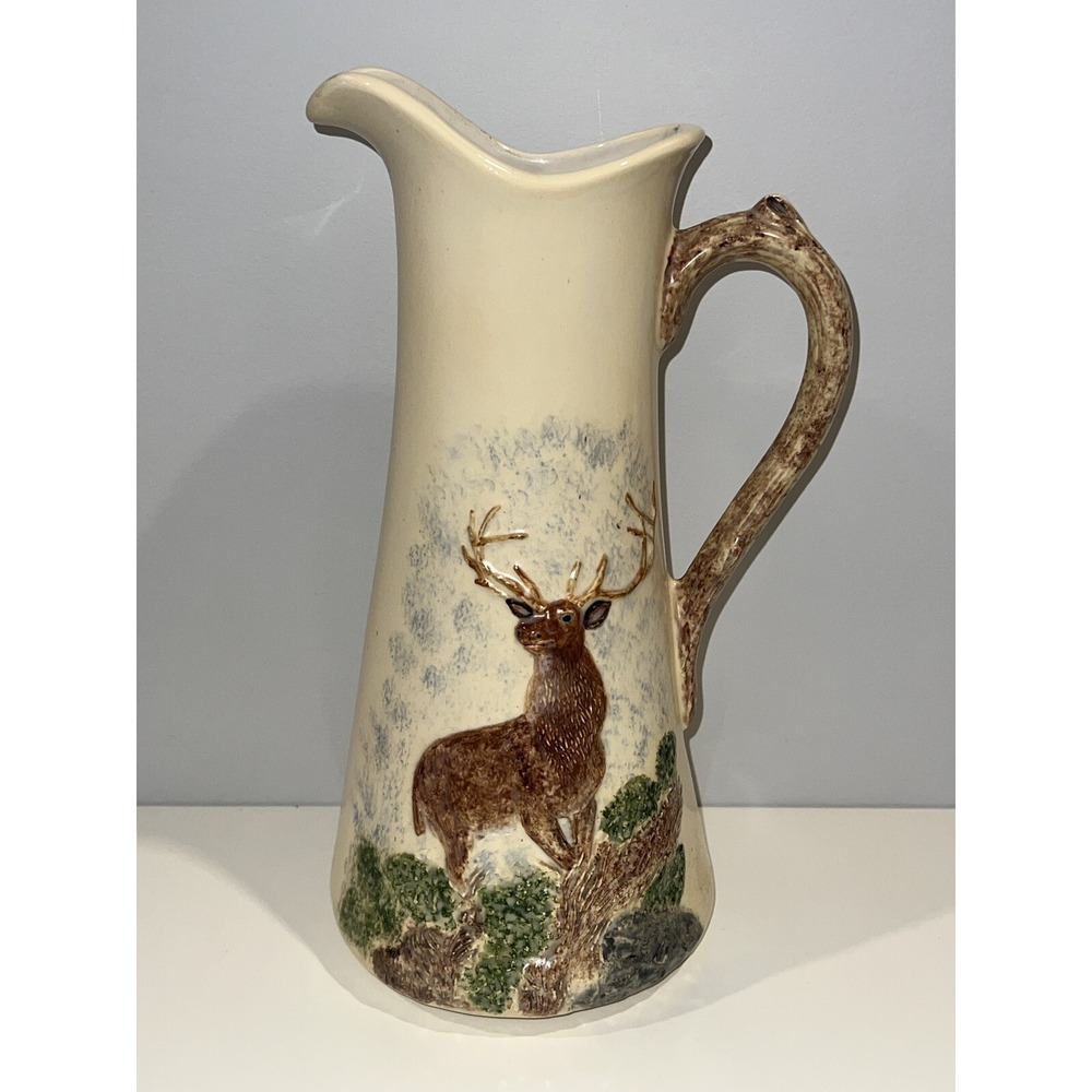 Folk Art Handmade Bull Elk Deer‎ Antler Water Ceramic Pitcher Vase 1974 Rustic